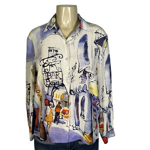 Michael Leu Shirt Womens Small Silk Multicolor Cityscape Art Print Blouse